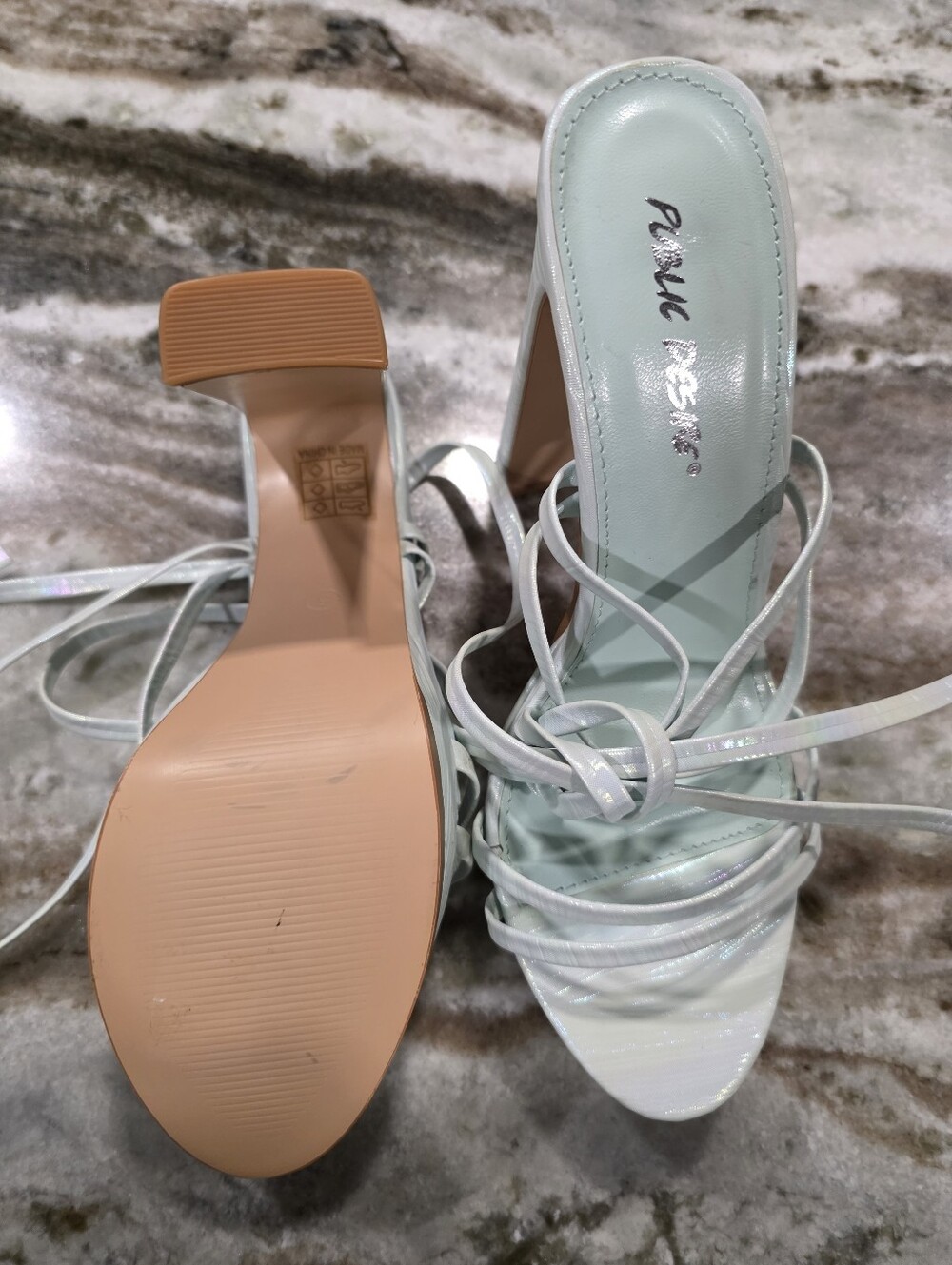 Public Desire Mint Iridescent Lace Up Platform Heels Strappy Block Heel 7.5 - Picture 9 of 10